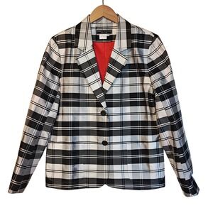 Harris Wallace Blazer Womens 12 Black White Plaid 100% Silk Notched Lapel 305916